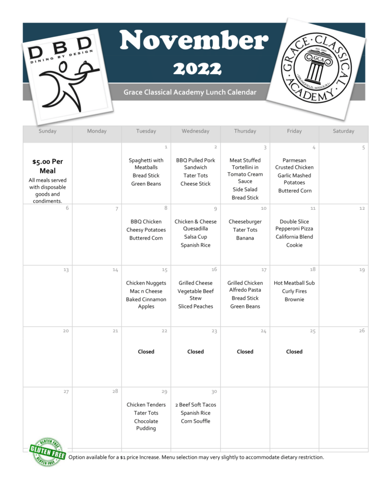 GCA Lunch Calendar Grace Classical Academy